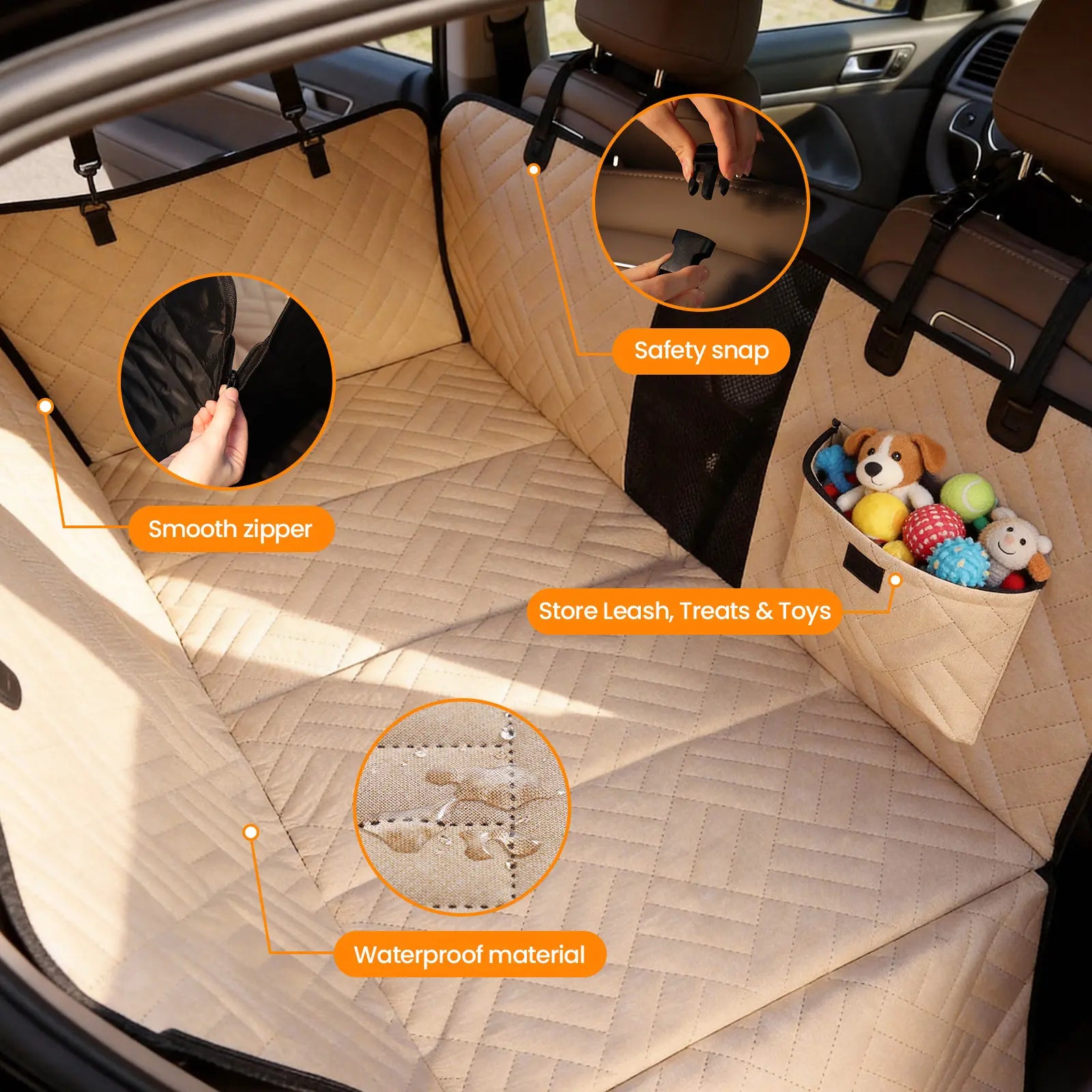 VALUXE Large Dog Car Seat Cover - Waterproof Full-Cover Back Seat Protector, Foldable Design, Beige/Black