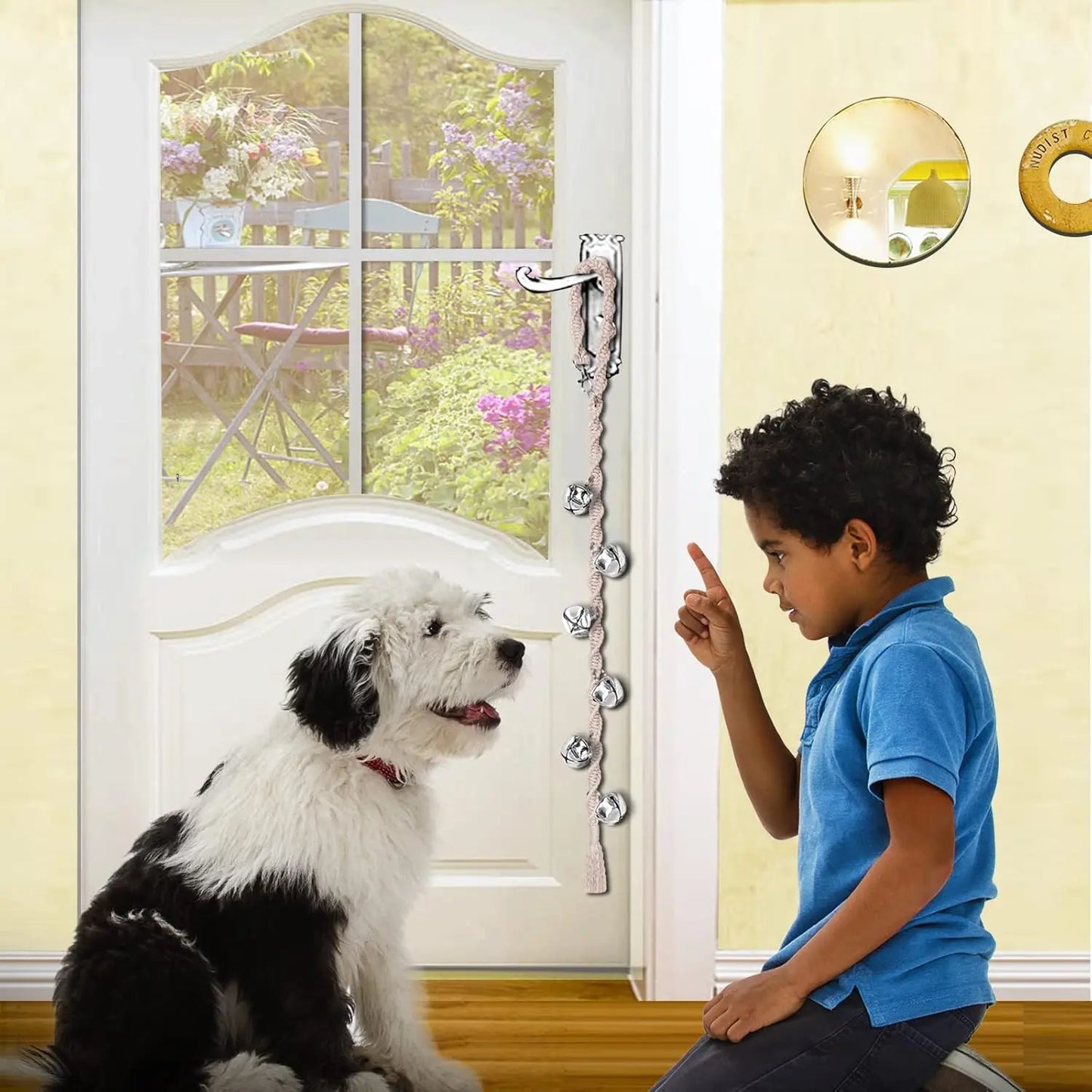Handmade Look Adjustable Dog Door Bell for Potty Training, Potty Cue Tool with Premium Twisted Style Yarn, Beige