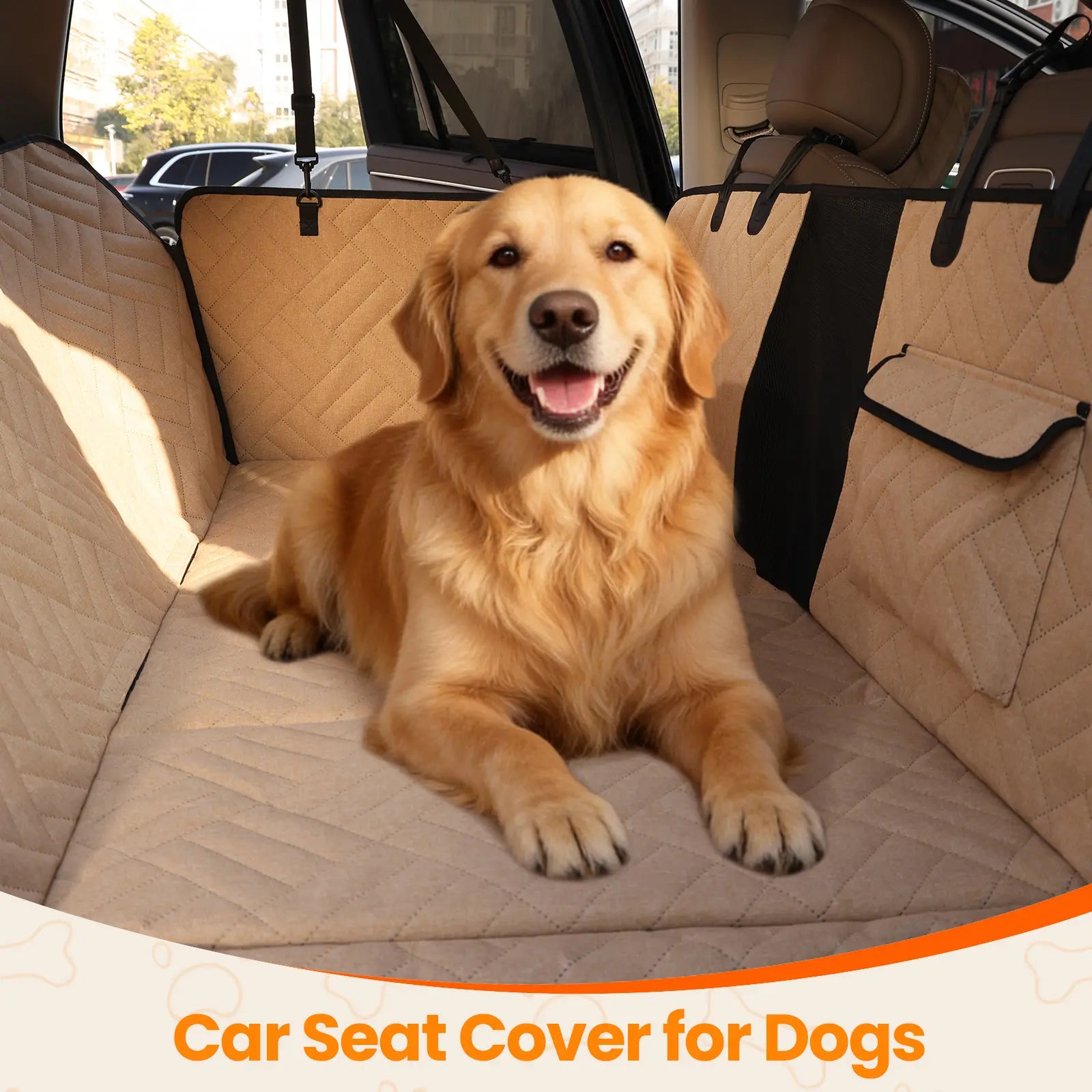 VALUXE Large Dog Car Seat Cover - Waterproof Full-Cover Back Seat Protector, Foldable Design, Beige/Black